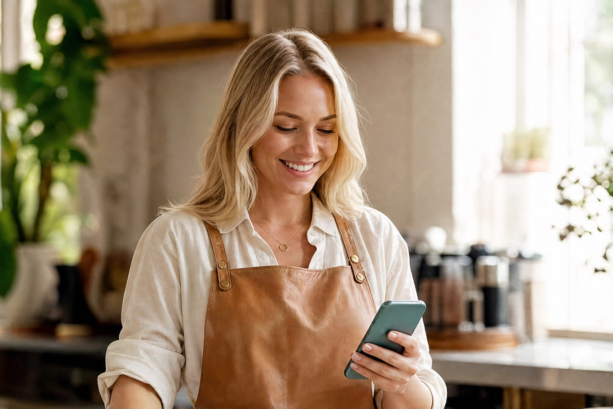 A café owner checking her shifts on her phone behind the counter.