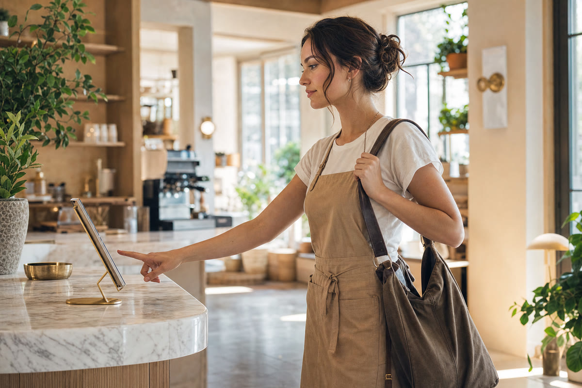 A café worker arriving for her shift, reaching out to the tablet standing on the counter.