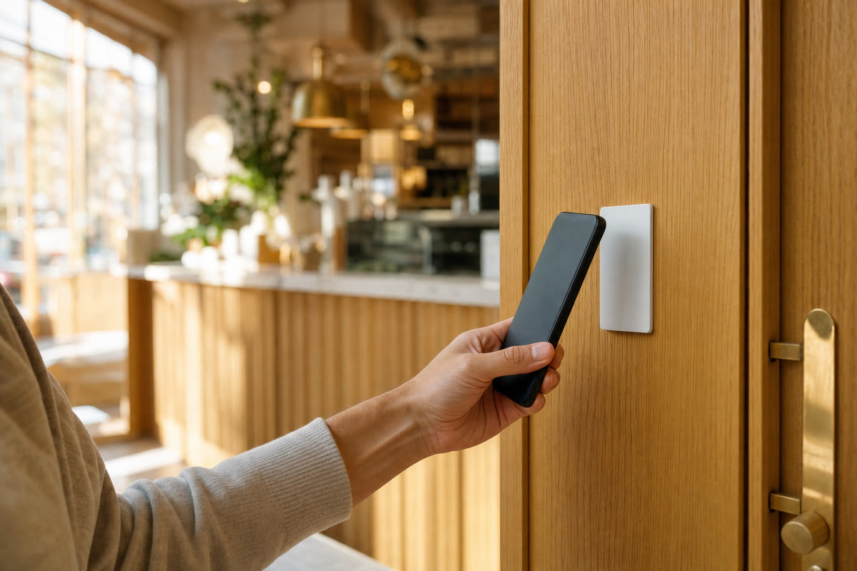 A hand holding a phone against a blank white NFC card fixed to the wall beside a café's staff door.
