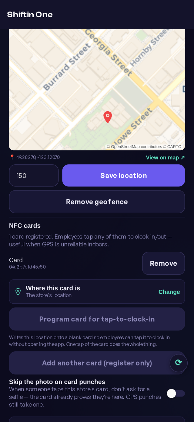 The NFC card screen in Shiftin One: the store's geofence on a map, the registered card, and a switch for skipping the photo on card punches.